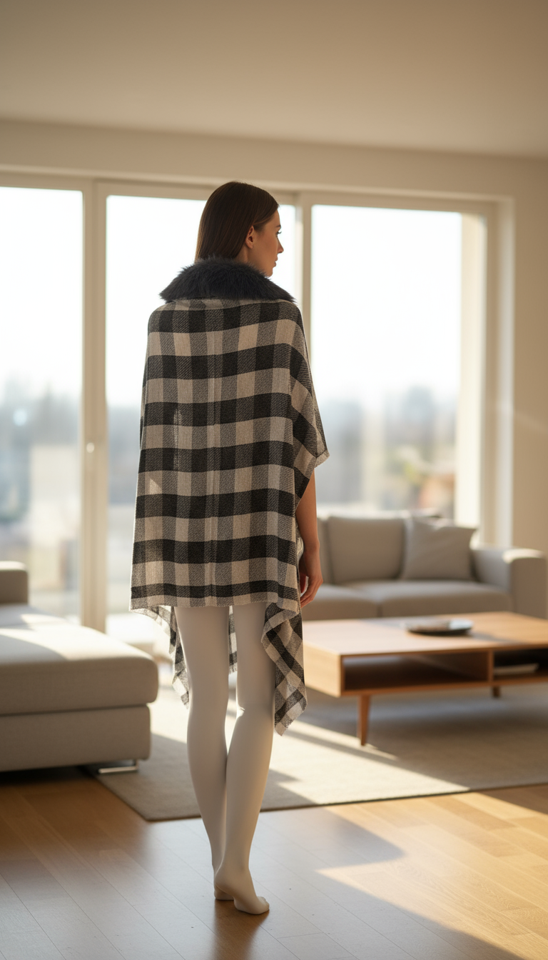Checked Faux Fur Trim Cape