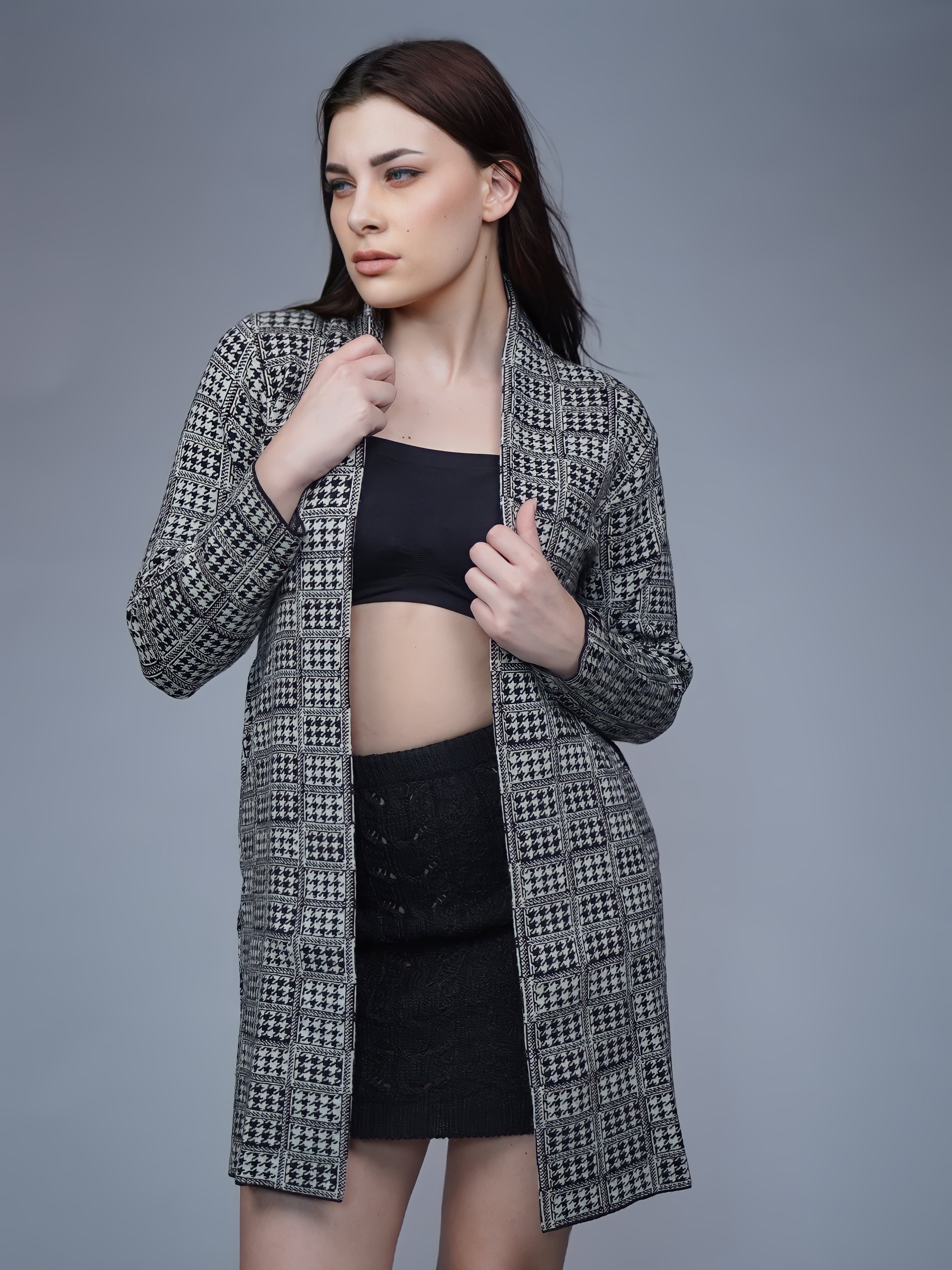Classic Checkered Longline Cardigan Coat