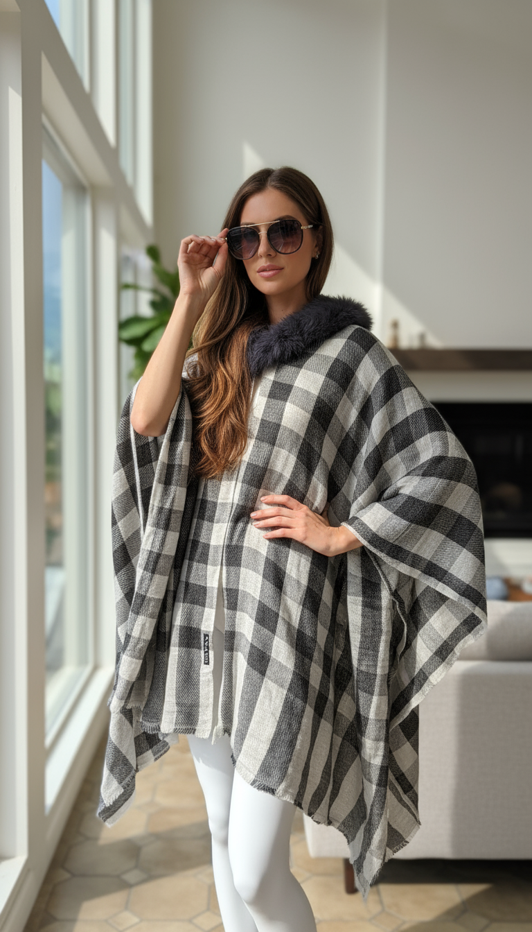 Checked Faux Fur Trim Cape