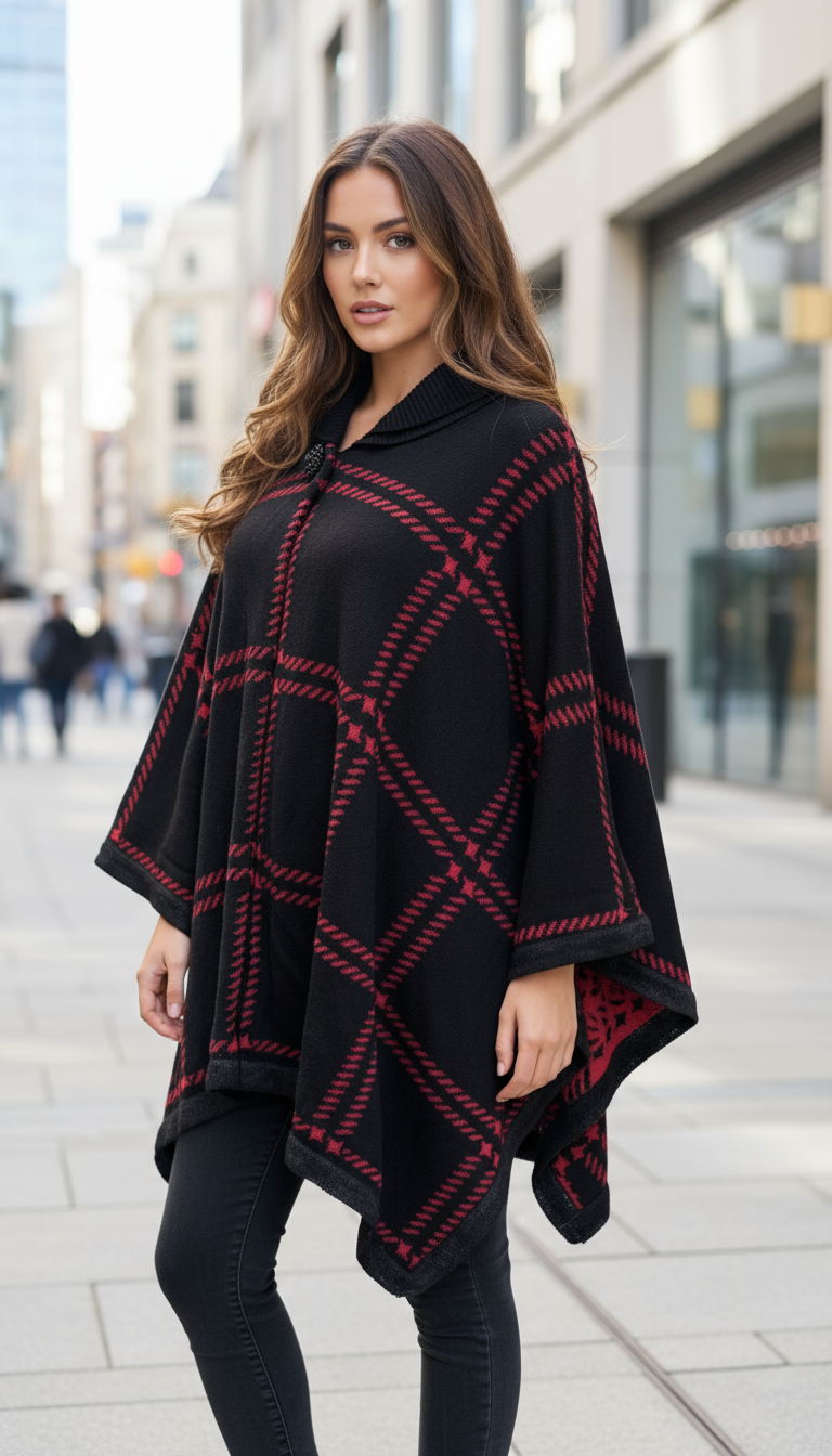 Chic Black and Red Plaid Poncho Cape