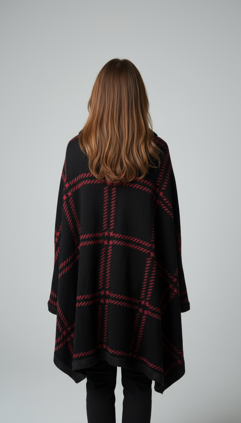 Chic Black and Red Plaid Poncho Cape