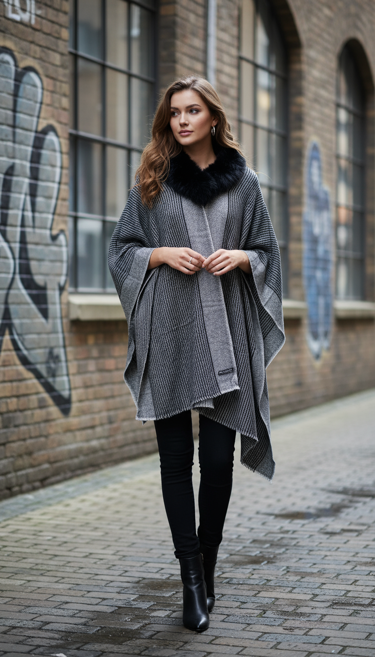 Striped Faux Fur Trim Cape