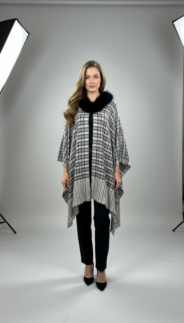 Plaid Faux Fur Trim Cape